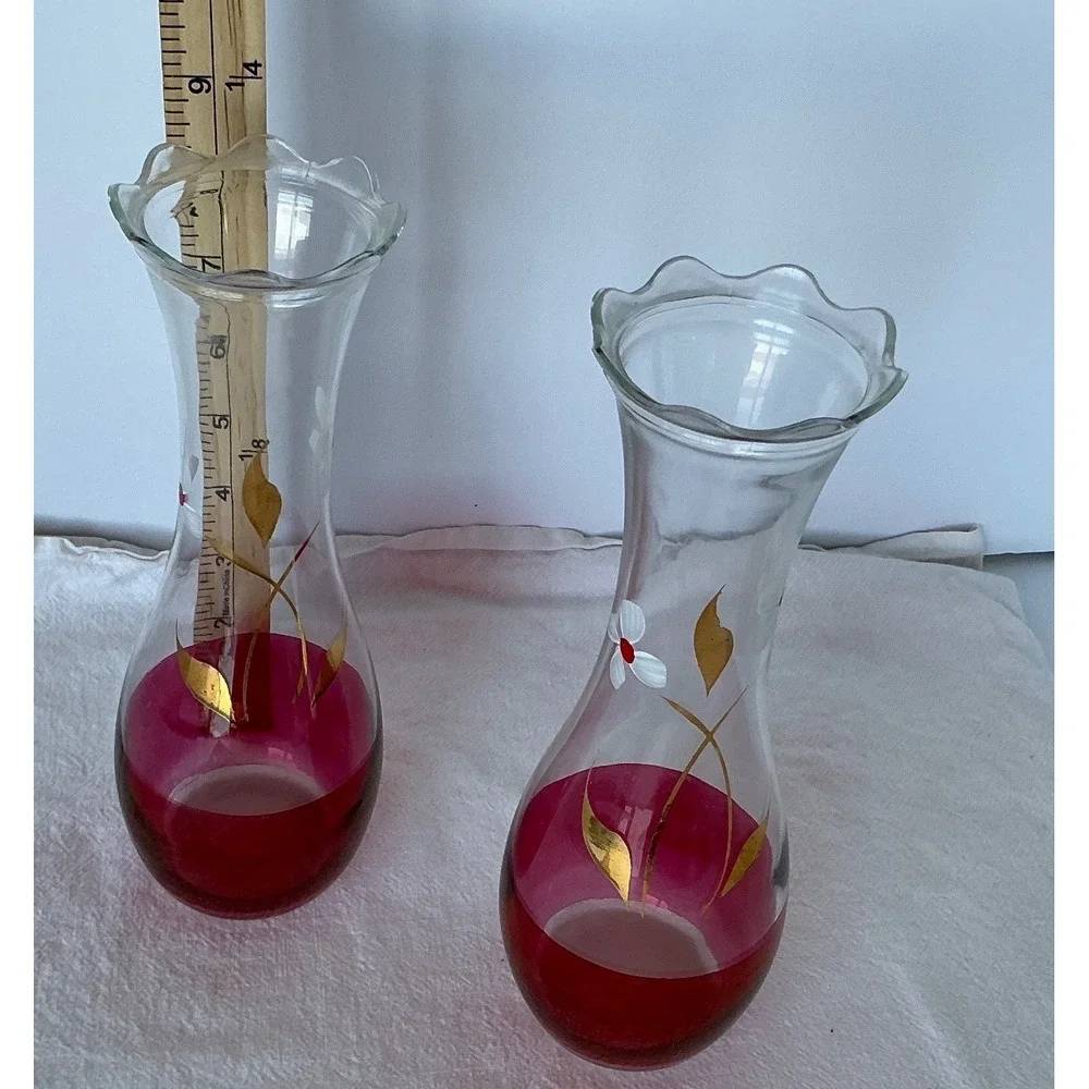 Bartlett Collins Vintage Glass Bud Vases Cranberry Red‎ Hand Painted Floral 8